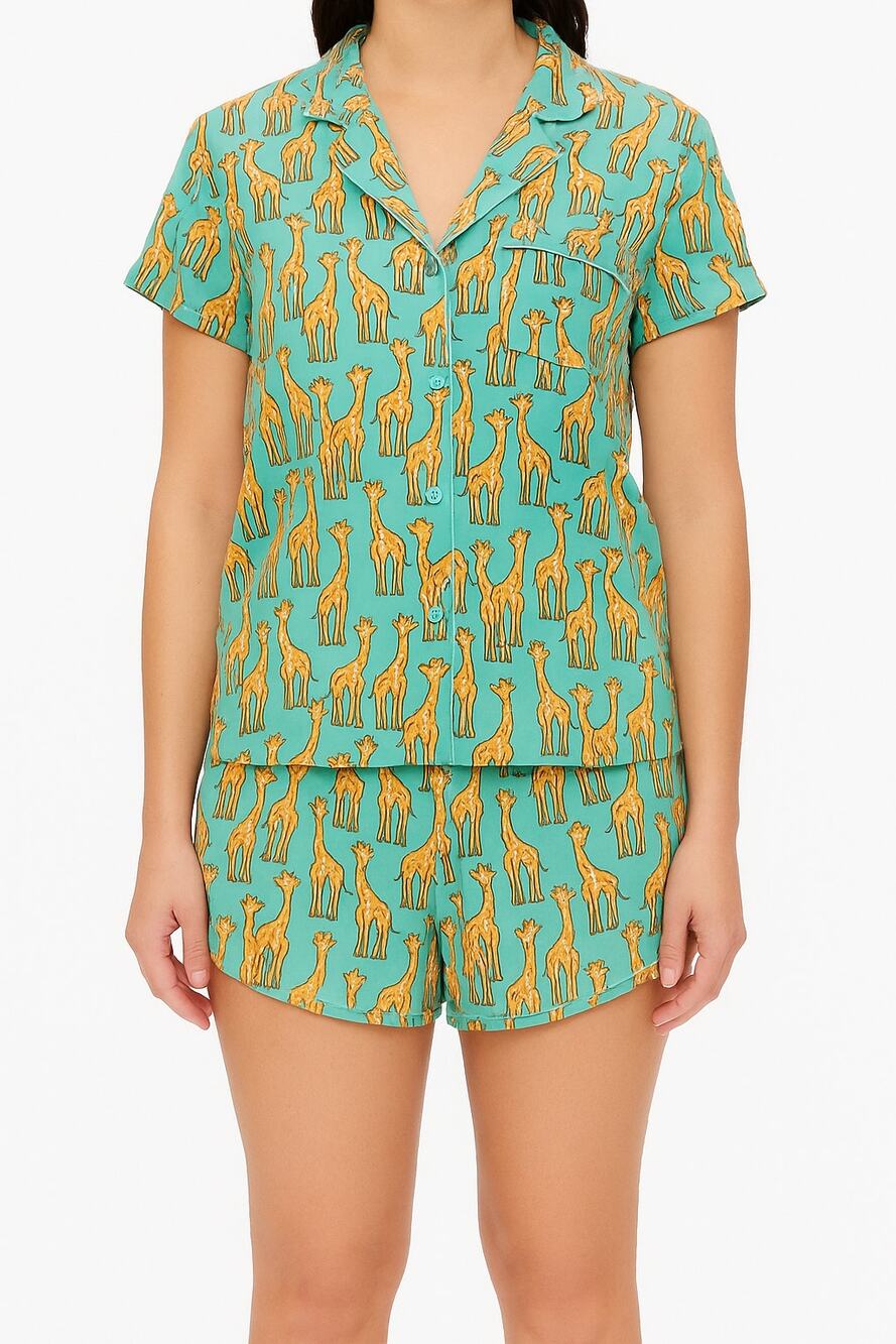MeUndies Women’s Pajama Set Giraffe Print Button Up Top & Shorts Size M